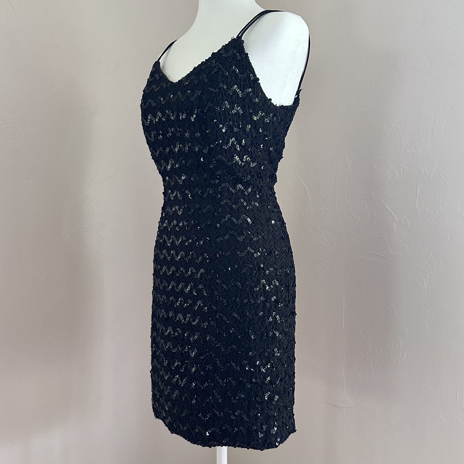 Vintage 1960s Low Back Sequin Black Mini Dress w/ Double Spaghetti Straps