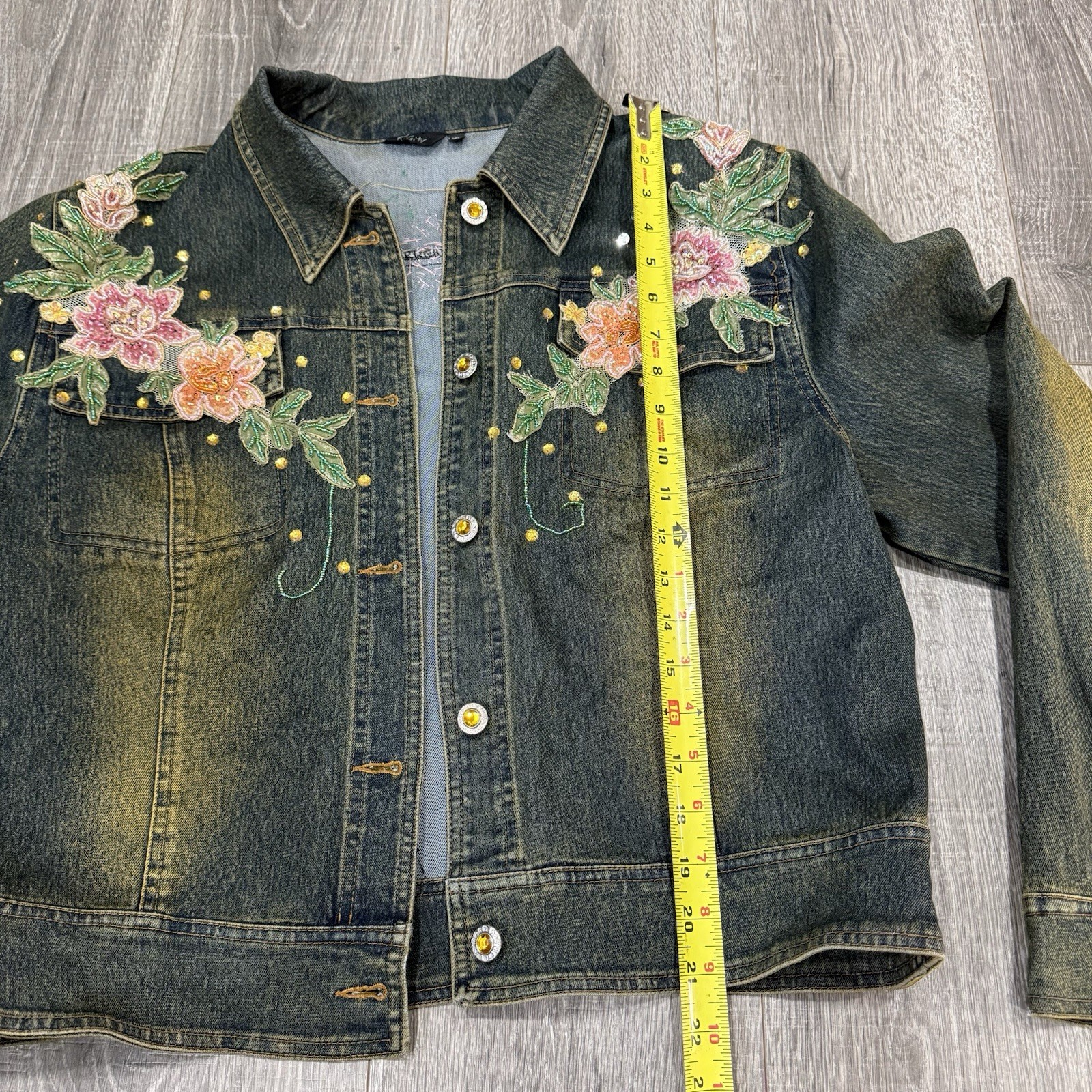 Vintage Kaity Boho Beaded Denim Jacket Beaded Size XL Floral Appliqué