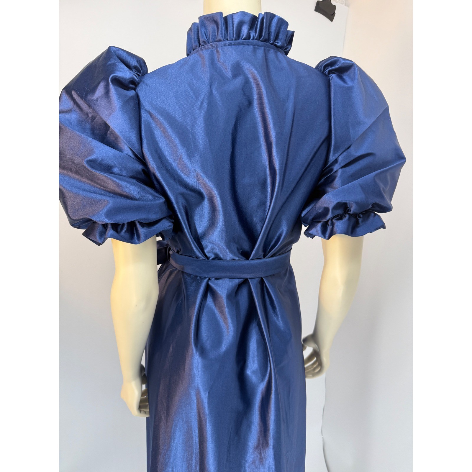 Vintage Puff Sleeve Satin Robe Royal Blue Ruffle Neck Tie Waist Maxi Wrap M/L