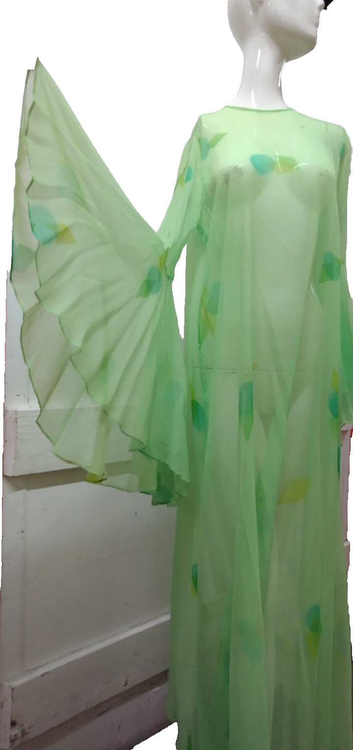 Vintage Psychedelic Jade Green Silk Chiffon Wide Bell Sleeves Maxi Gown Sheer L