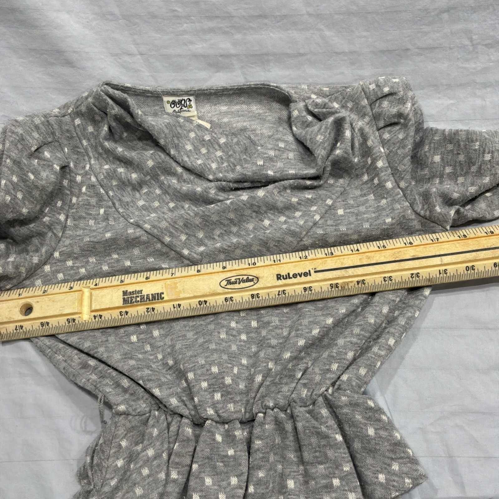 Vintage 80s Midi Gray And White Polka Dot Dress Peplum Gathered Waist Cowl Neck