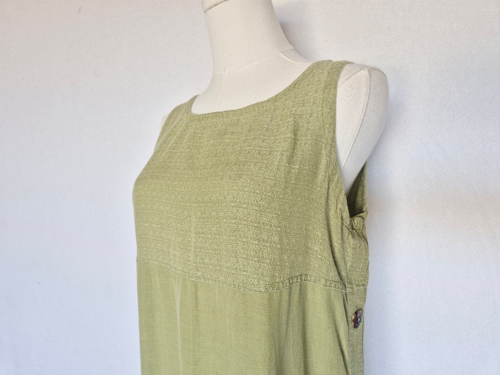 Vintage Loose Threads by Virginia Moreno Silk Linen Side-Button Dress Green Sz.S