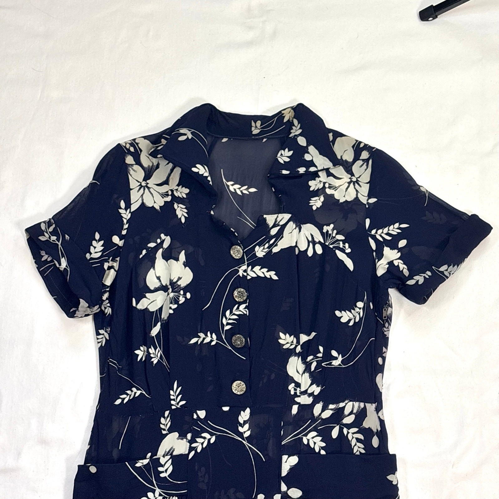 Vintage 1940s Silk Chiffon Shirtwaist Dress Navy Blue Tropical Floral Print