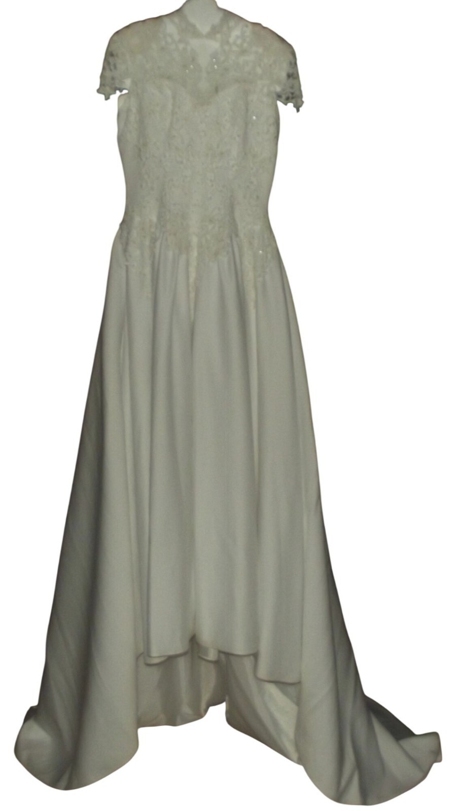 Vintage Michaelangelo Wedding Dress 12 White train bustle lace beaded cap sleeve