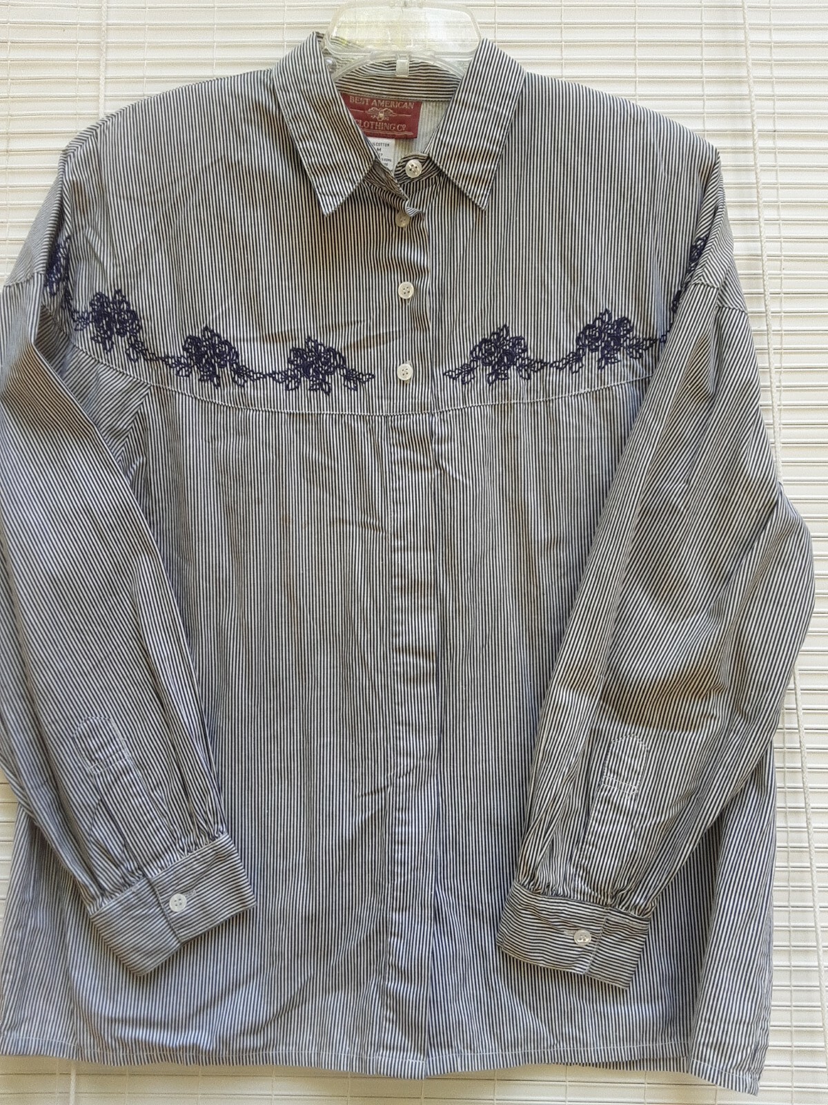 Vintage Best American Clothing Co. Pinstripe Embroidered Blouse M Blue