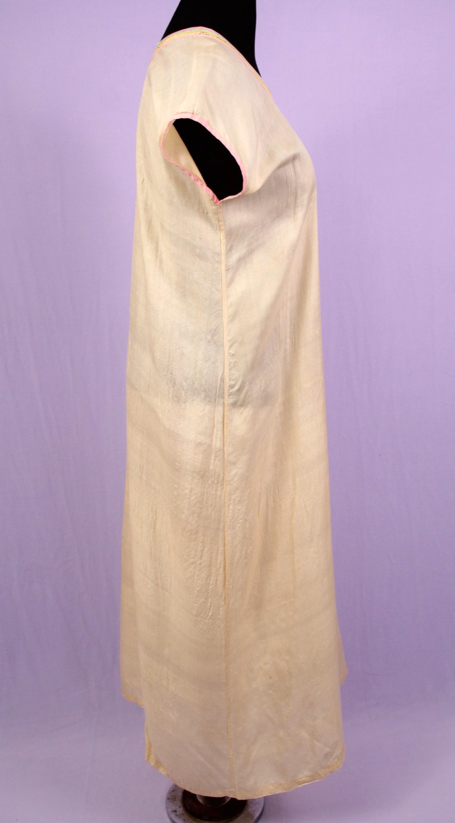 VTG Women’s 20s Peach Silk Slip Dress W/ Rainbow Trim Collar M/L 1920s Nightgown