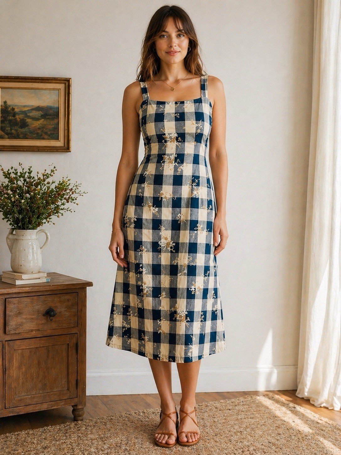 VTG Helene Blake Cottagecore Prairie 8 Dress Gingham Floral Sleeveless YY03