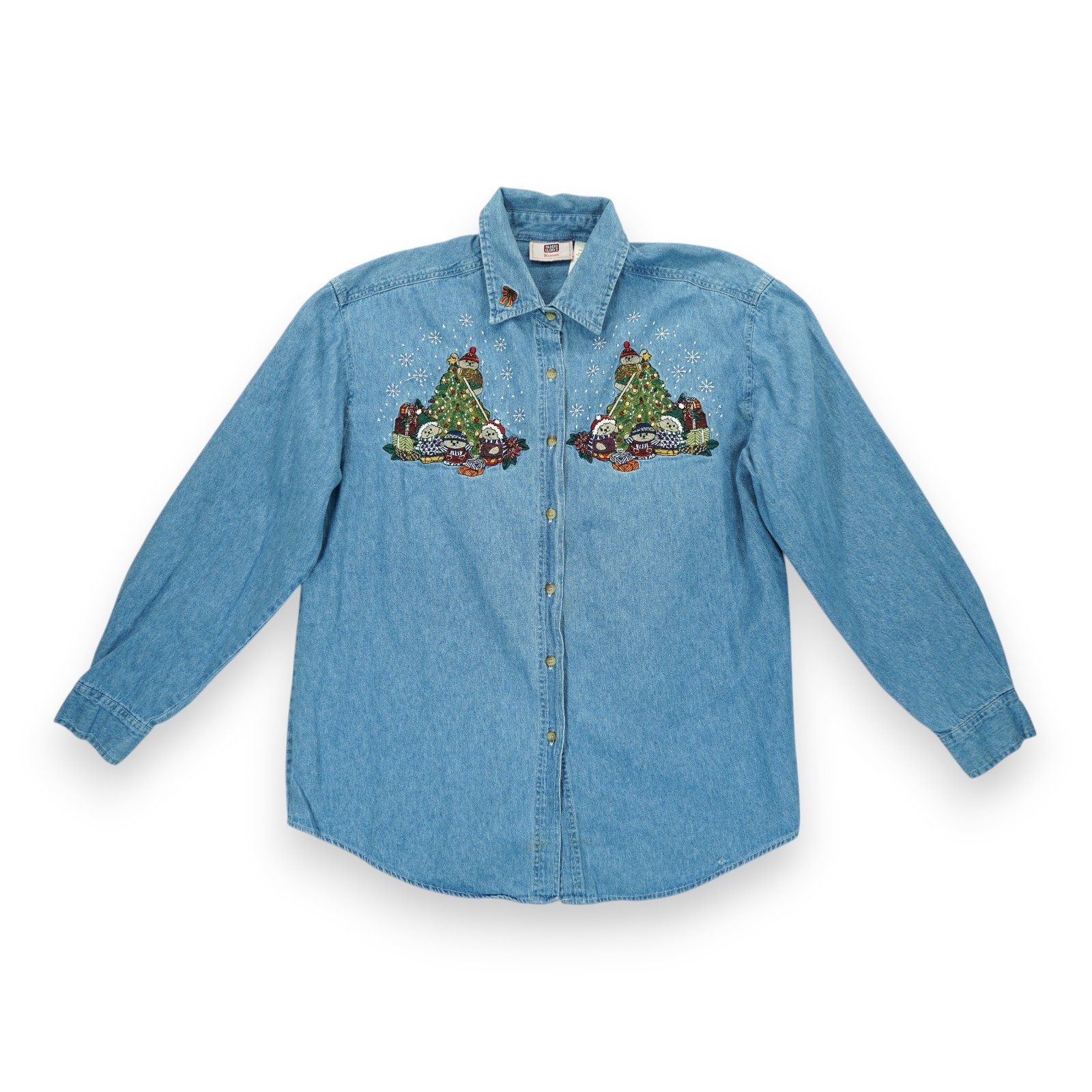 Vintage Faded Glory Christmas Teddy Bear Embroidered Denim Shirt 14W/16W Womens