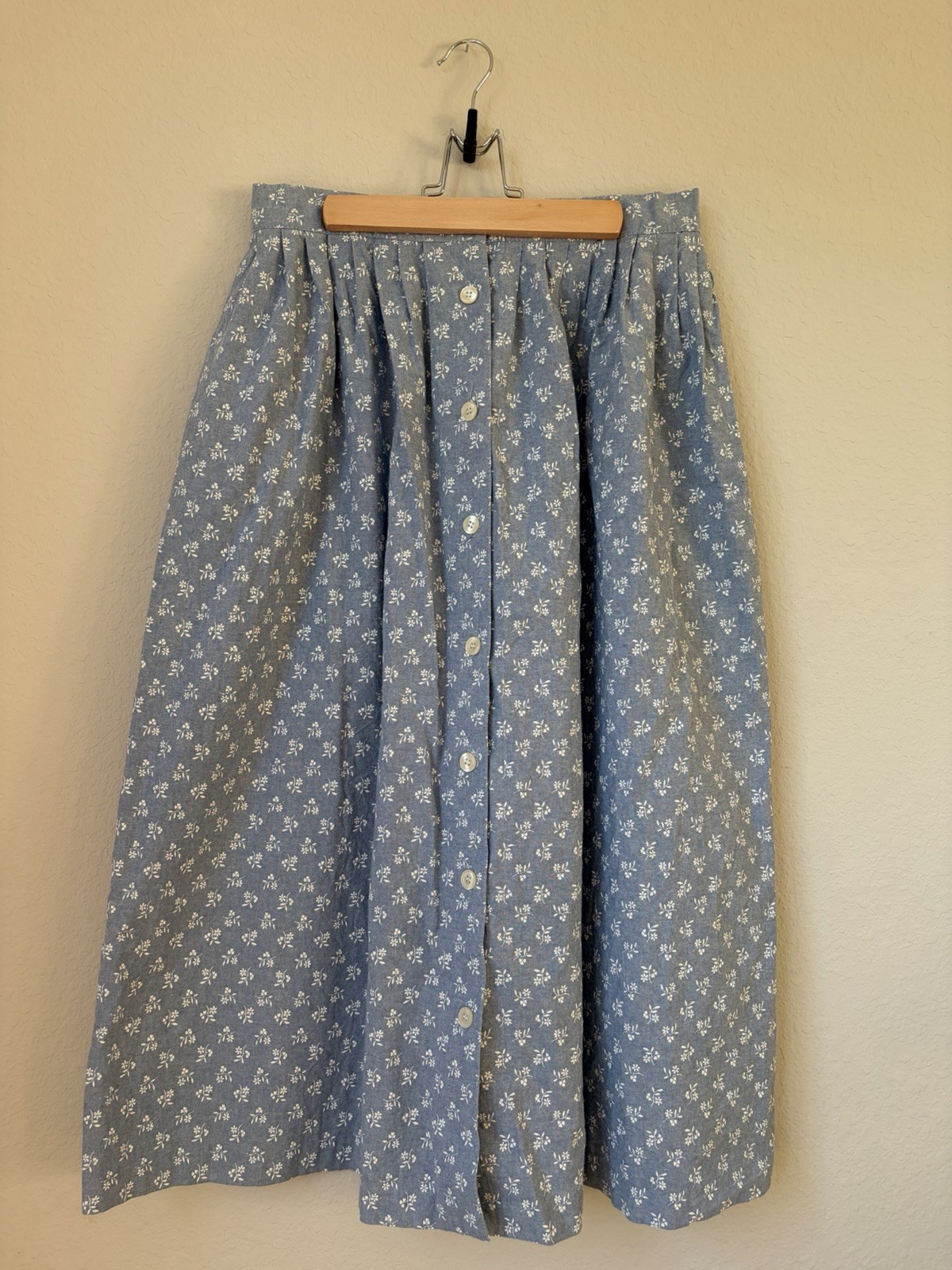 Vintage Briggs New York Blue Floral A-Line Midi Skirt Cotton Woman’s Size 14