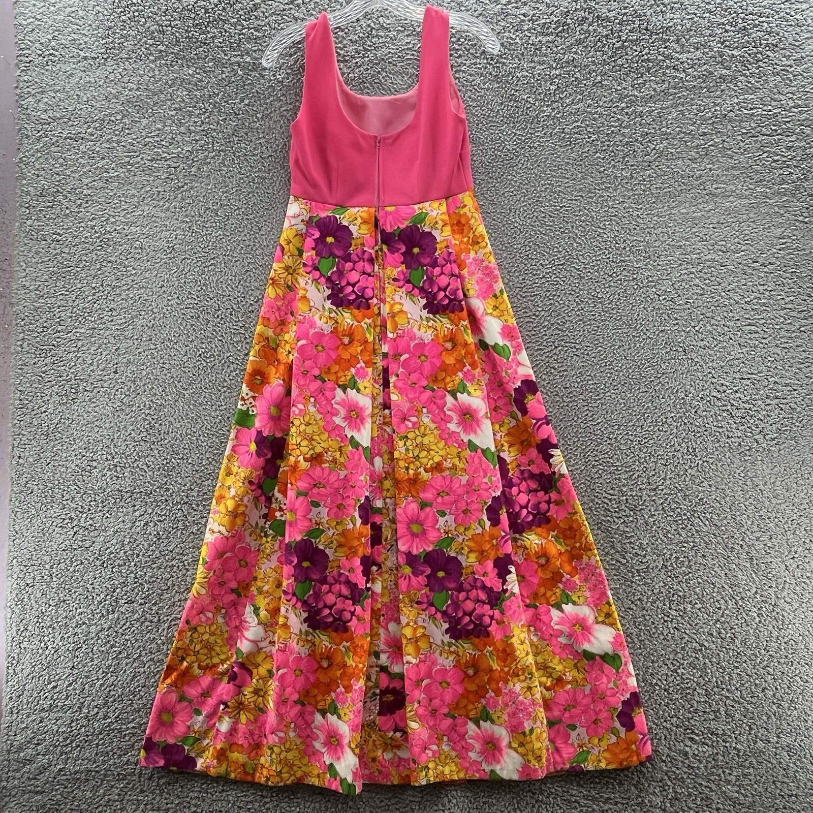 VTG 60s 70s Flower Power Dress XS Pink Colorful Floral Seamstress Made Maxi