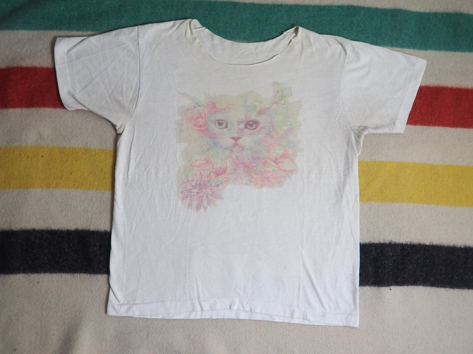 VTG 80s 90s Cat Pet Art Faded Distress Grunge Floral White Tee T-Shirt L Womens