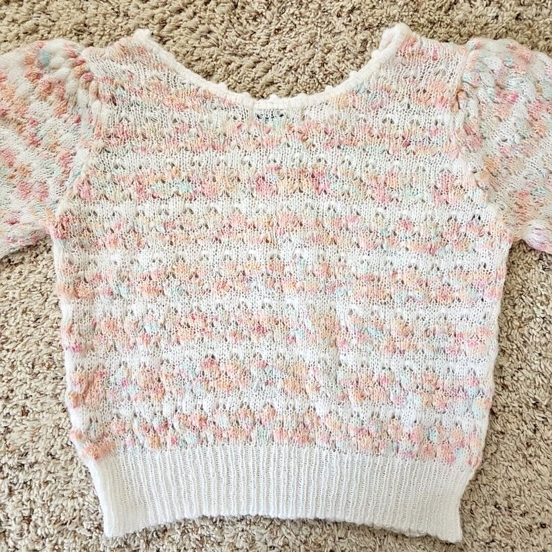Vintage Womens Open Knit Sweater Large Feminine Coquette Pastels Puff Sleeves
