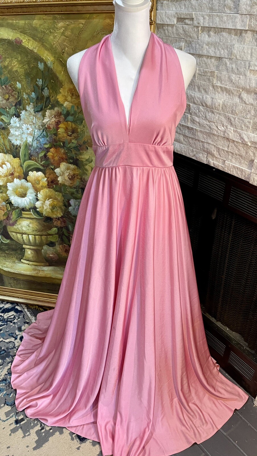 VTG 1970s PINK Ball Gown Liquid Silk Party Halter Gala Formal Size Small