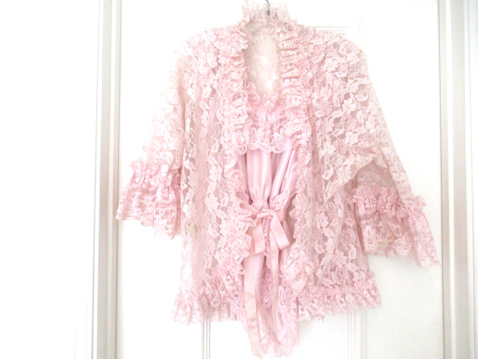 DELORES Poirette ILGWU Pink Silky Lace Teddy Romper Bodysuit Cover-up Small NEW