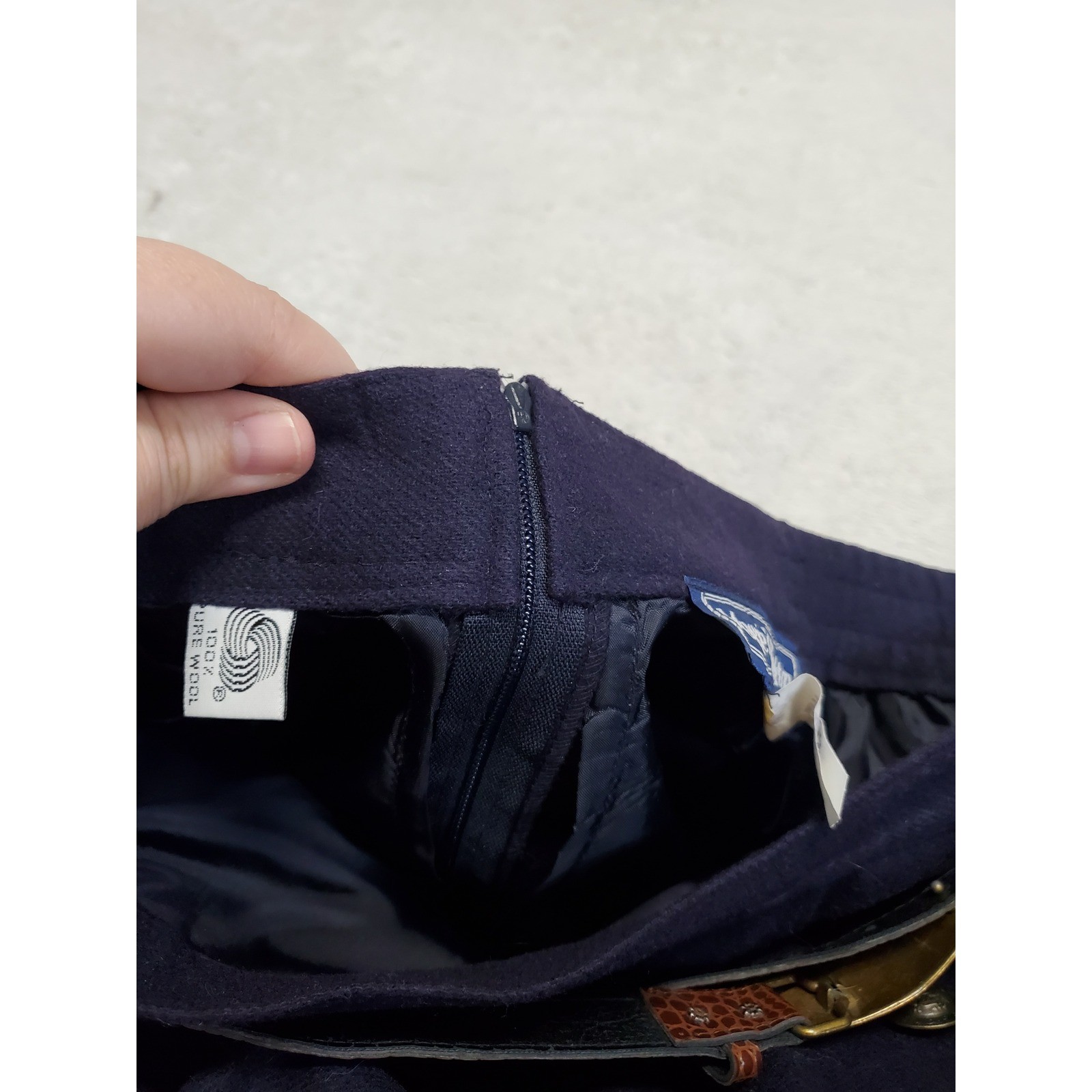Vintage Navy Blue Wool A Line Wrap Belted Skirt 20W Academia Twee Office Classic