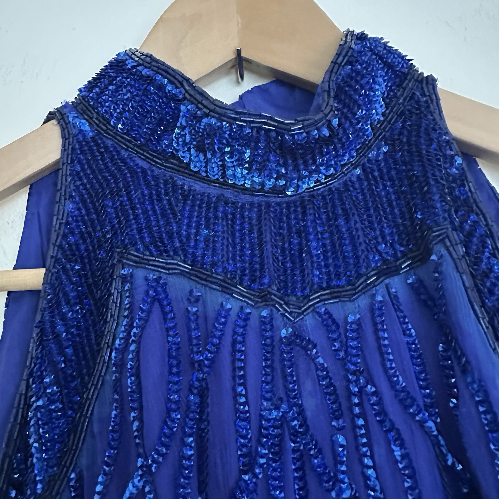 Vintage LAURENCE KAZAR Royal Blue BEADED Sequin Silk HALTER GOWN Long Formal M