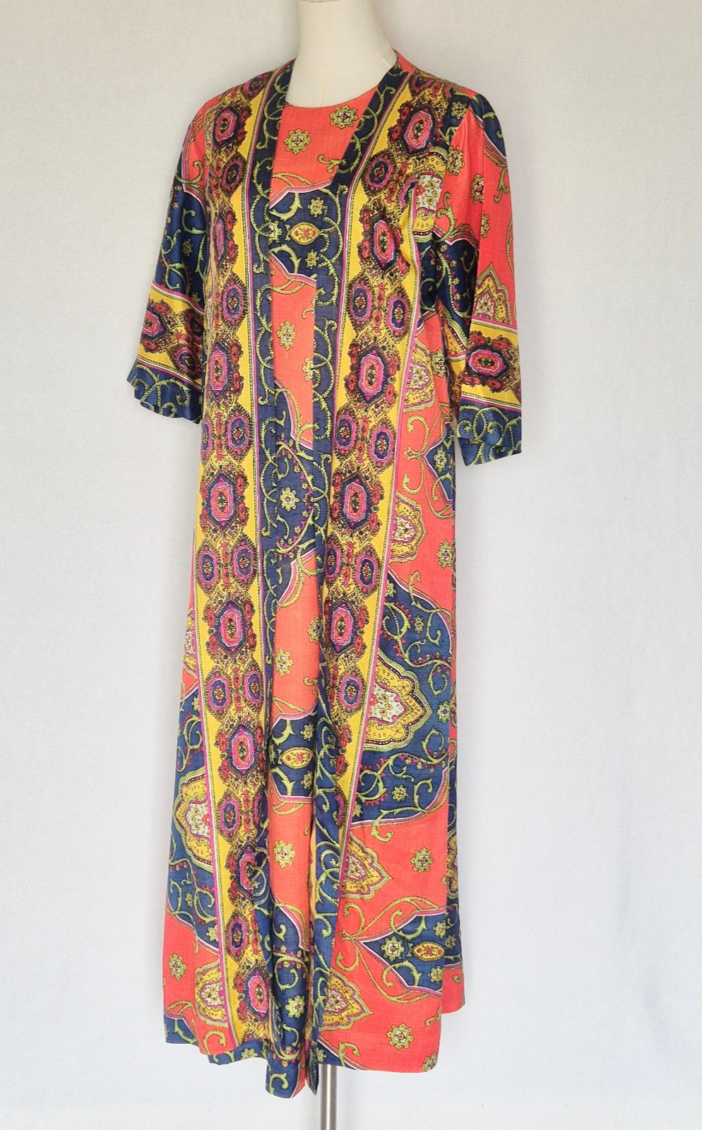 Vintage Lounge Craft Neon Psychedelic Maxi Hostess Kaftan Robe Dress Attached S