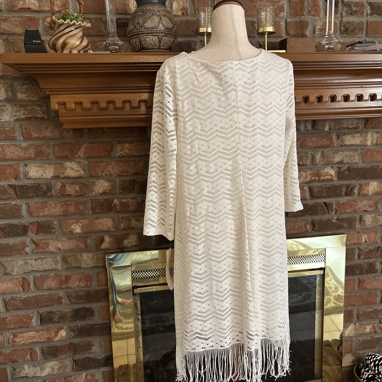 vintage jody california dress white Crochet Dress Fringe Bottom XL Made USA 1970