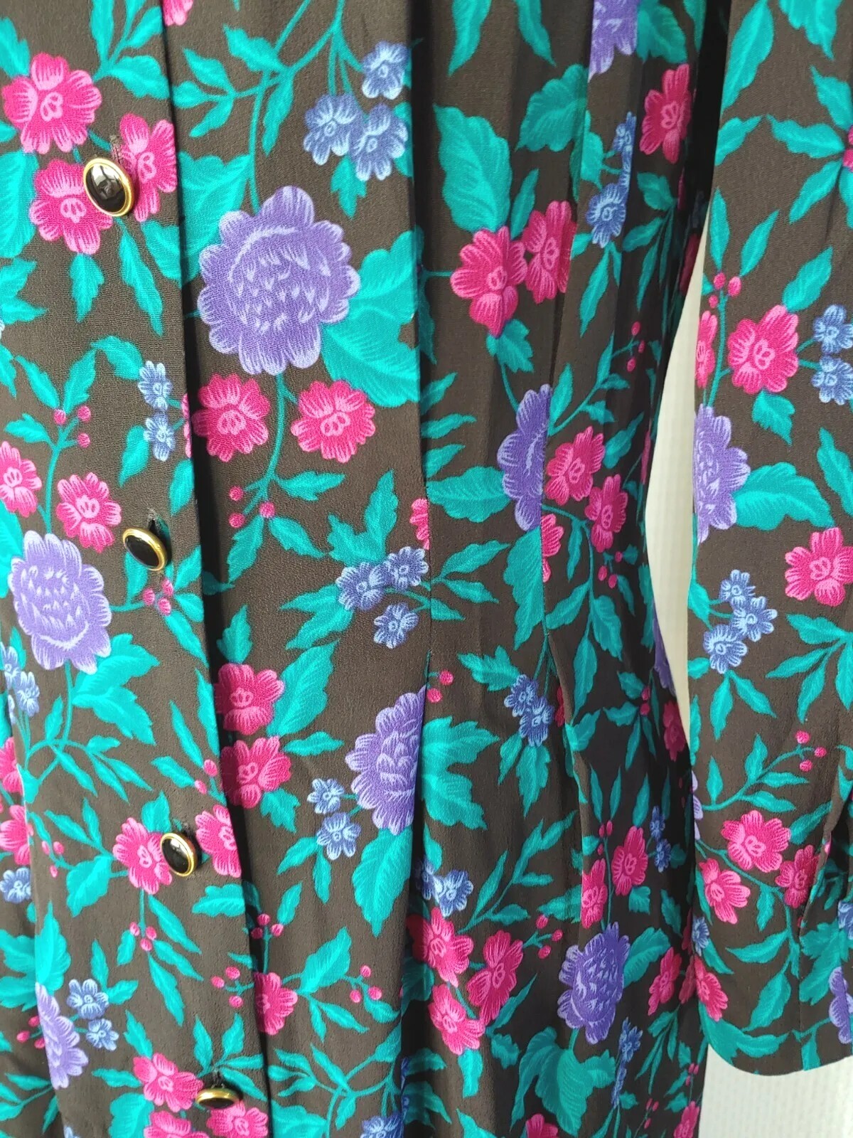 Vintage Andrew Harvey Fitted Black Dress with Pink/Purple/Teal Florals Size 8
