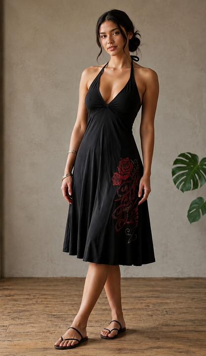 Y2K Harley-Davidson Black Label Halter Dress Rhinestone Rose Graphic Moto Sz M