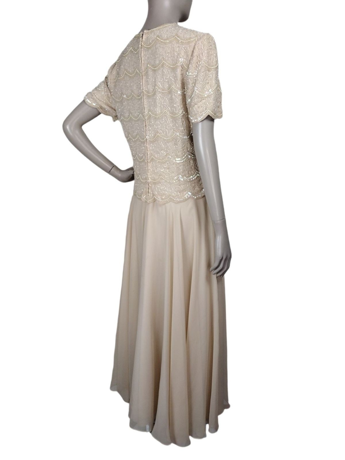 Vintage 80s 90s Creme Chiffon Tiered Scalloped Edge Beaded Sequined Dress India