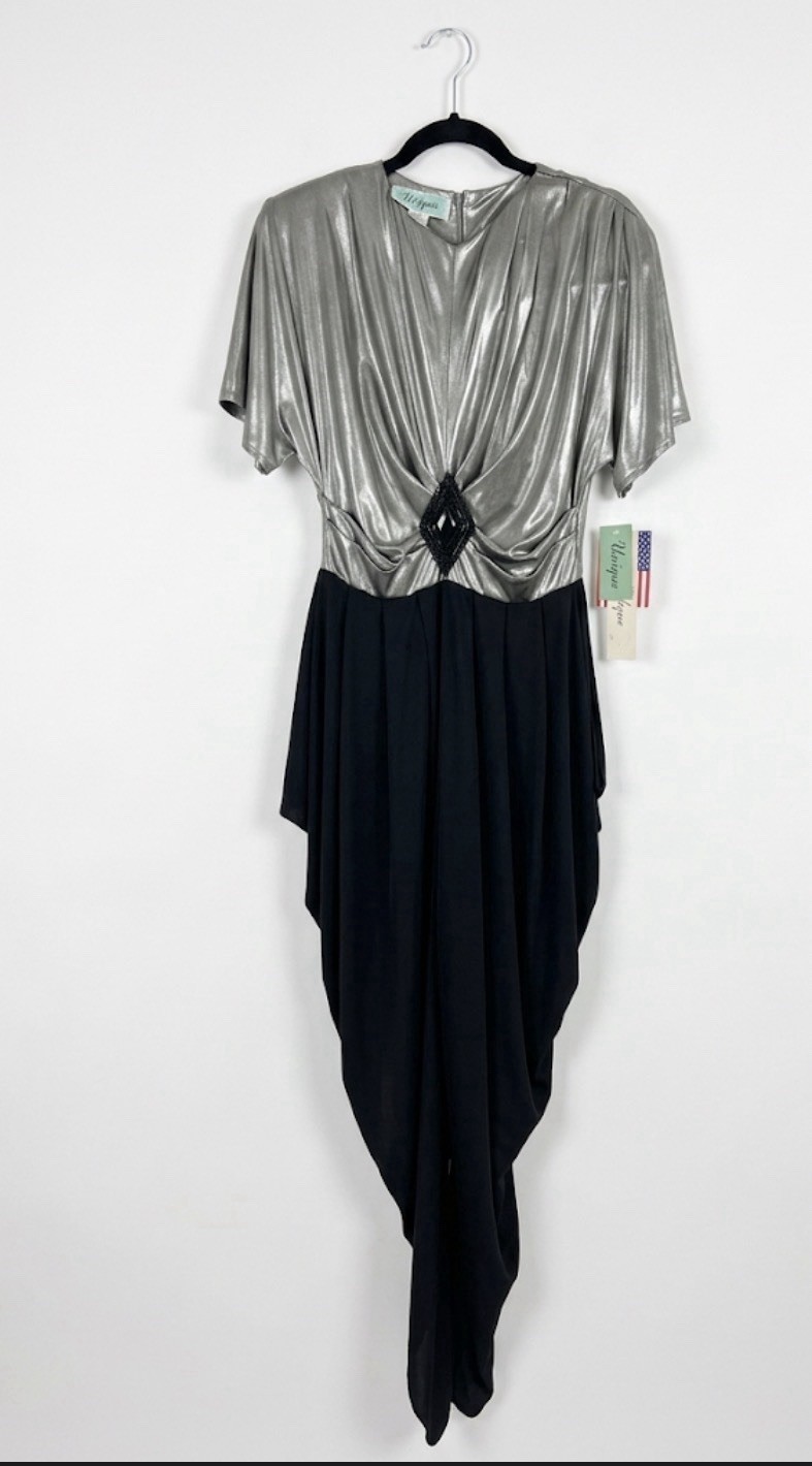 Vtg 80s Filigree Metallic Silver Jumpsuit NWT Disco Sequin Drape Harem Pant L 12