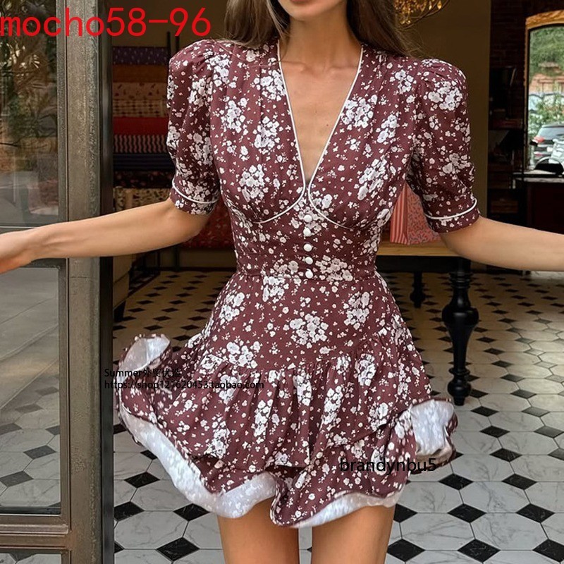 Summer Style Printing V-neck Floral Dress Short Sleeves High Waist Floral Dress