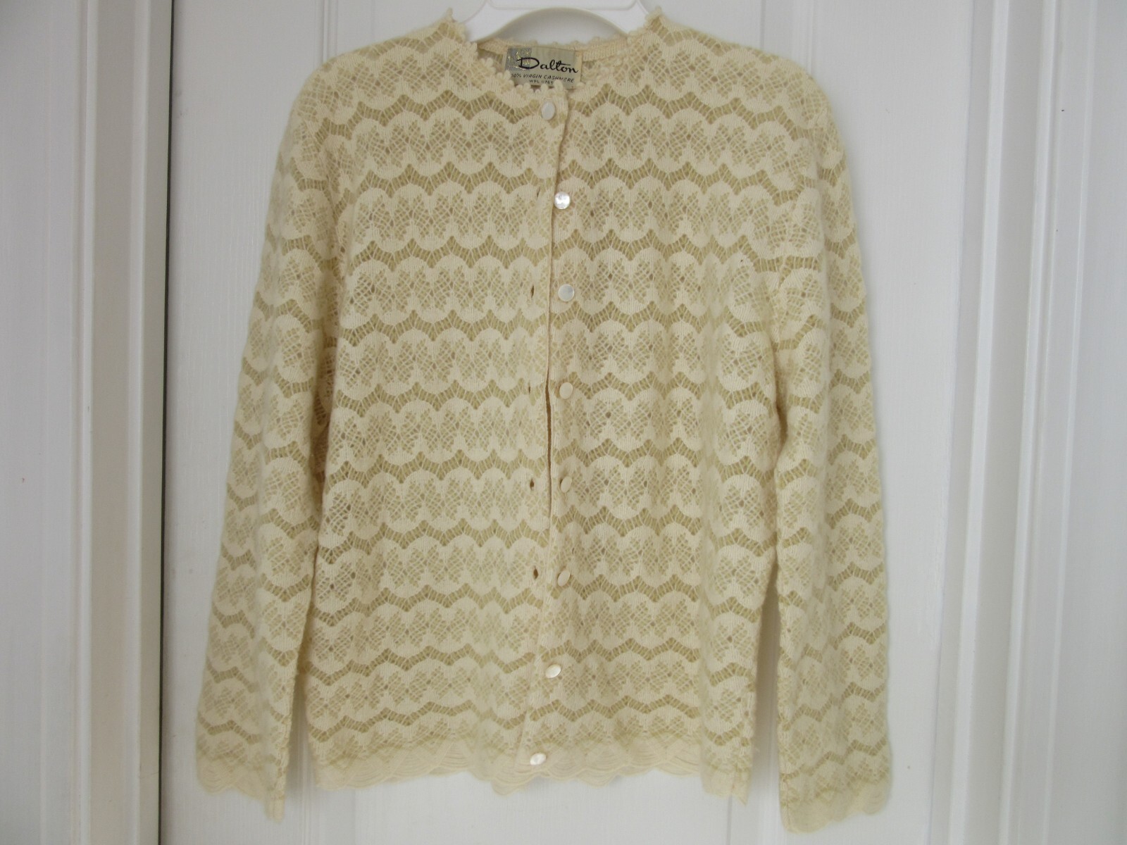 VTG Crochet Dalton Ivory 100% Virgin Cashmere Sweater Sz S / EVC