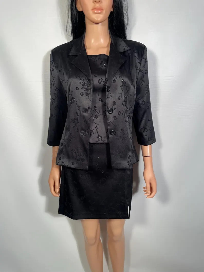 90s Black Satin 3 Piece With Flocked Velvet Glitter Floral Size 11/12 M 30/31 W