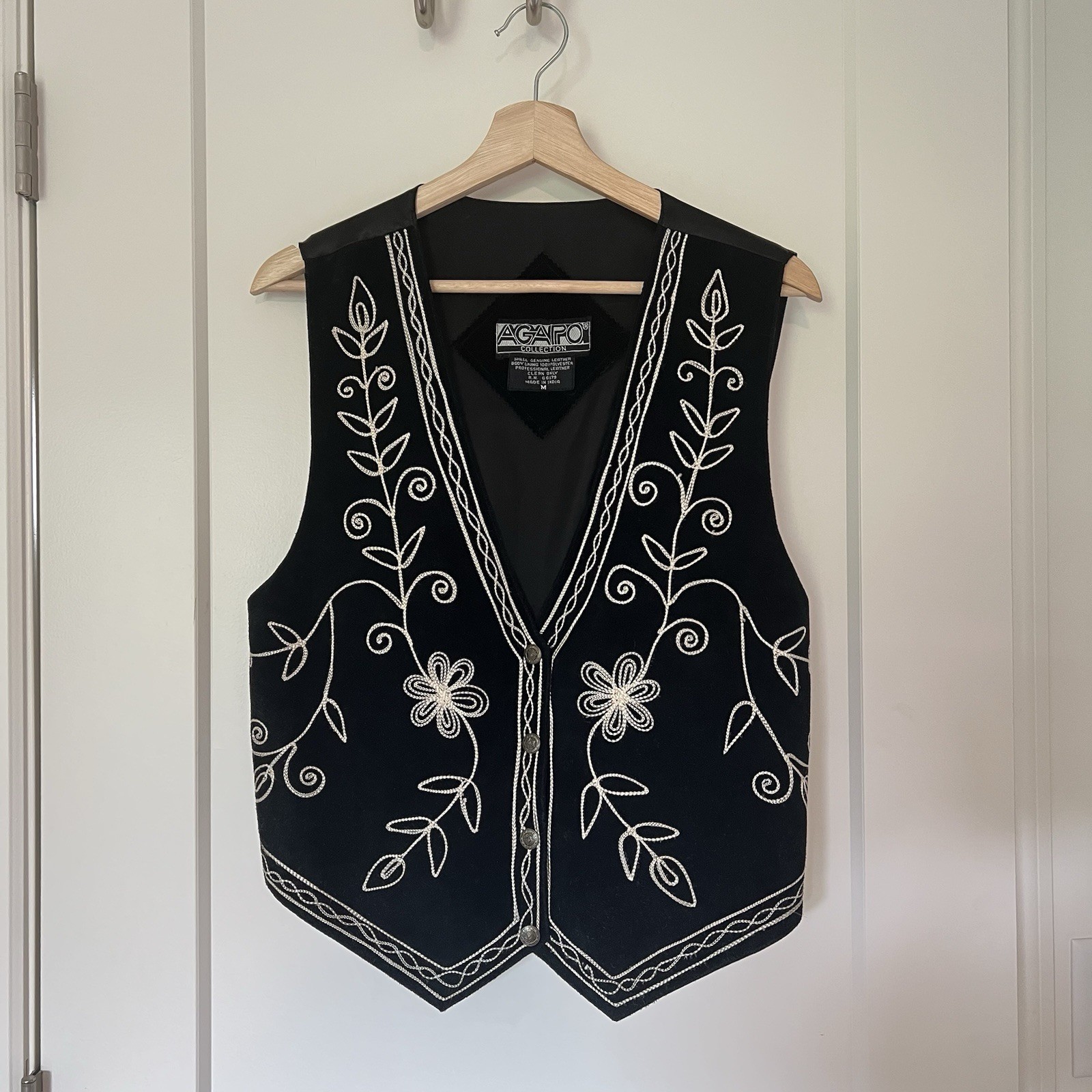 Agapo Collection Vintage Genuine Leather Black & Cream Floral Swirl Vest 🖤🕊️