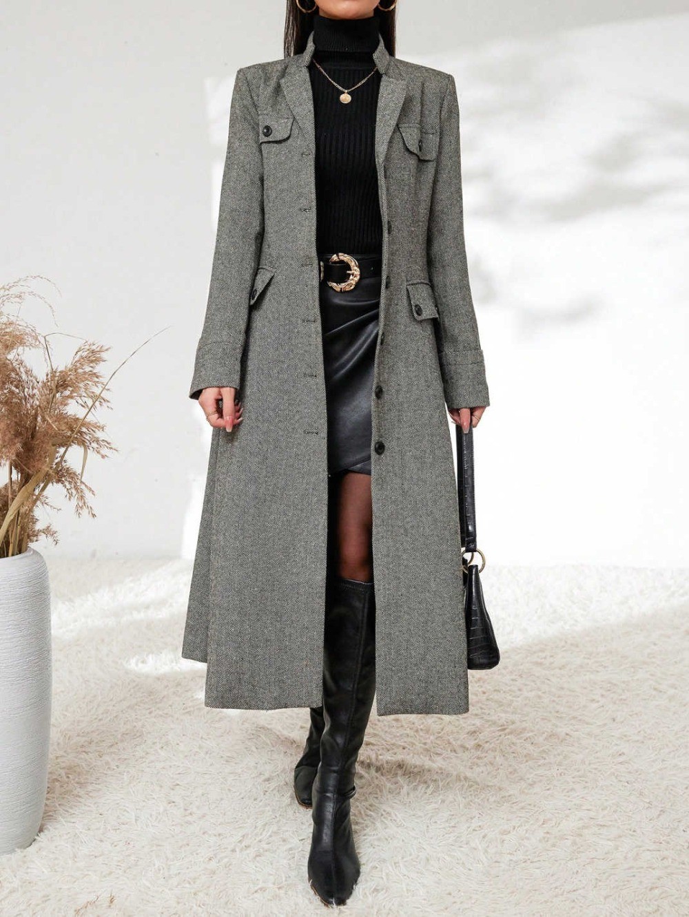 Ladies Grey Coat Herringbone Jacket Hem Skirt Tweed Winter Long Business