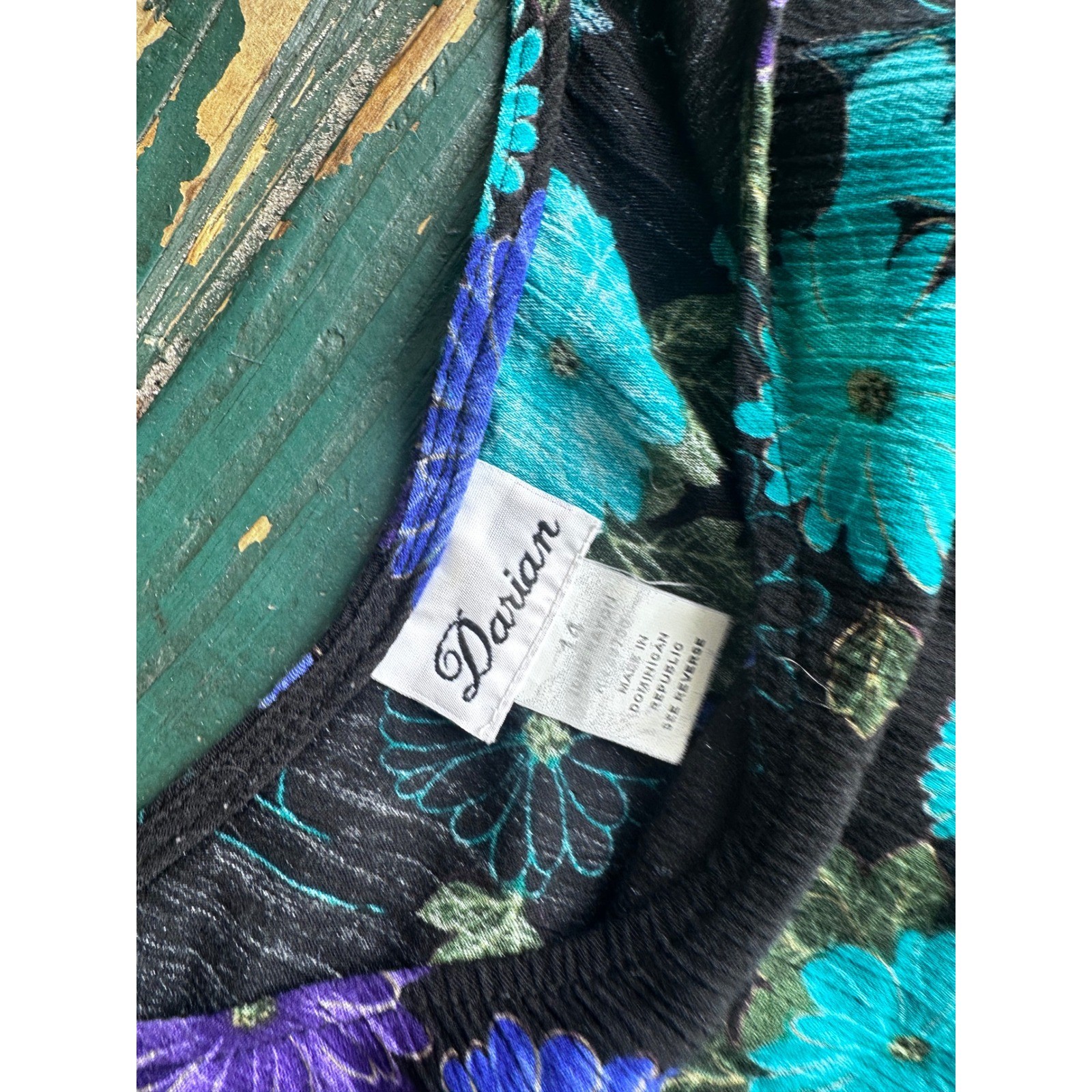 Darian Vintage Floral Maxi Dress Black Teal Purple Rayon Crepe Sleeveless Sz 14