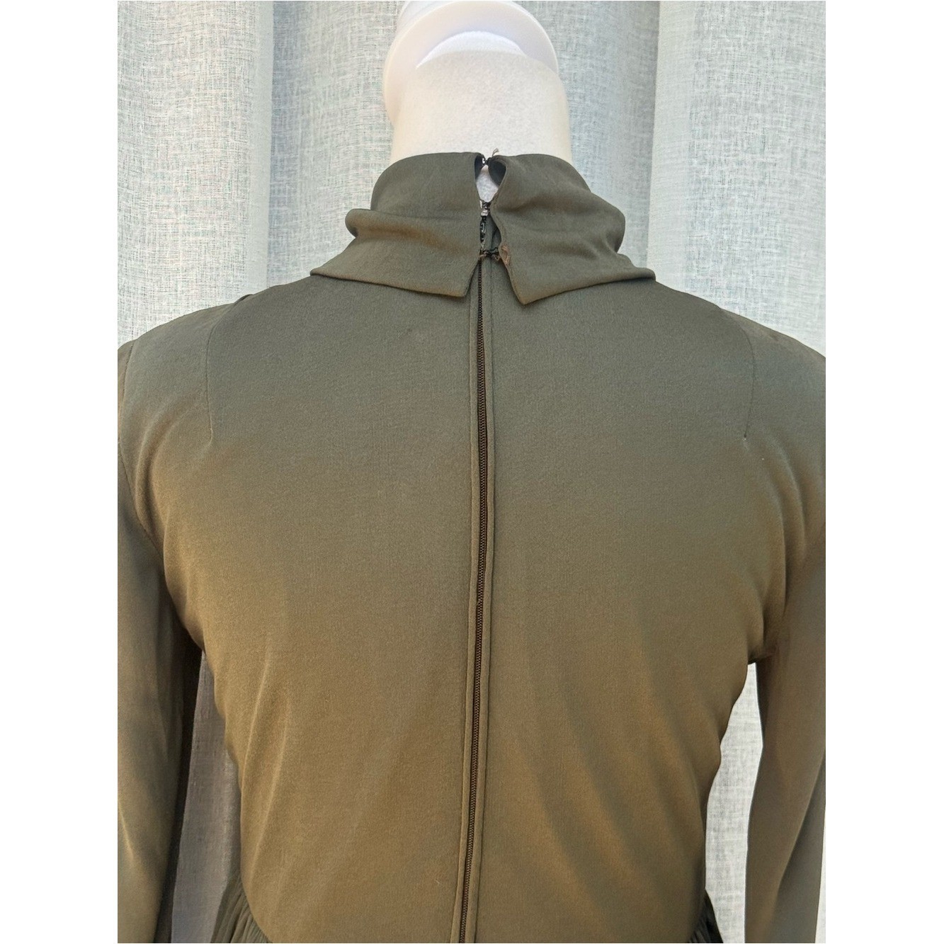 1960s Saks fifth Ave stretchy silk long sleeve moss green mini high neck dress