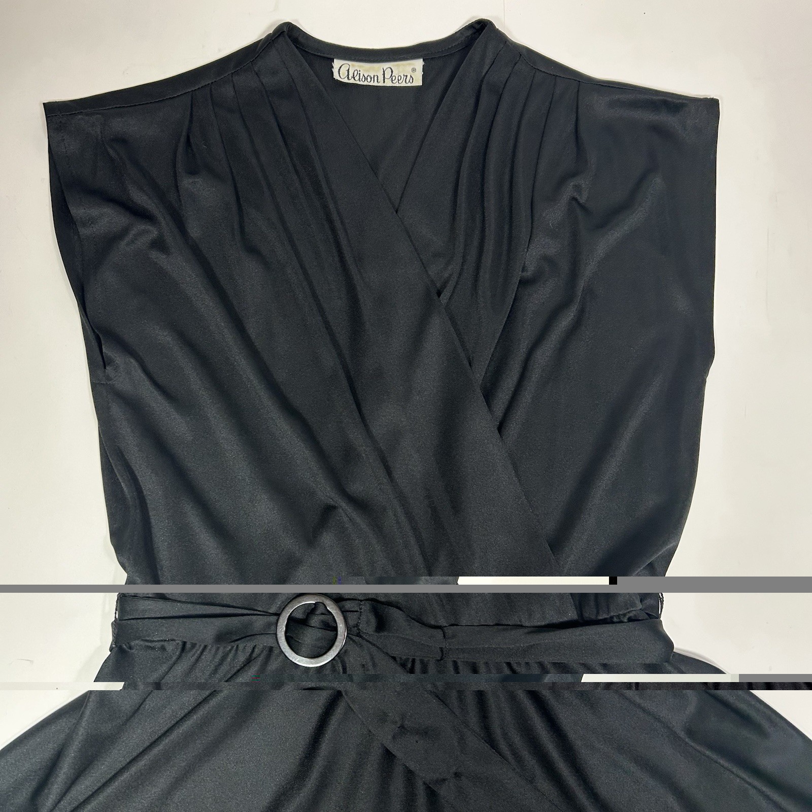 Vtg 89s Alison Peters Black Faux Wrap Midi Dress Cap Sleeve Pleated Belt Sz 10 ?