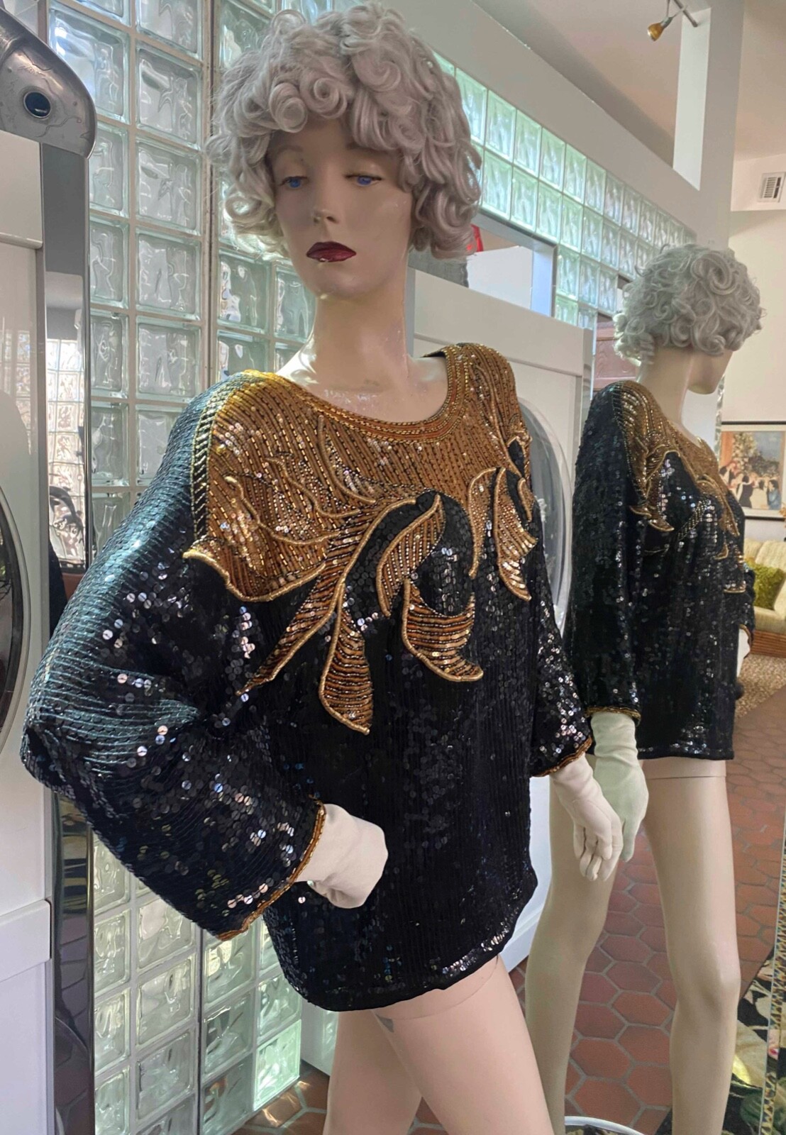 Judith Ann Creations Sequin Beaded 100% Silk Black Gold Top Evening sz L VTG 90s