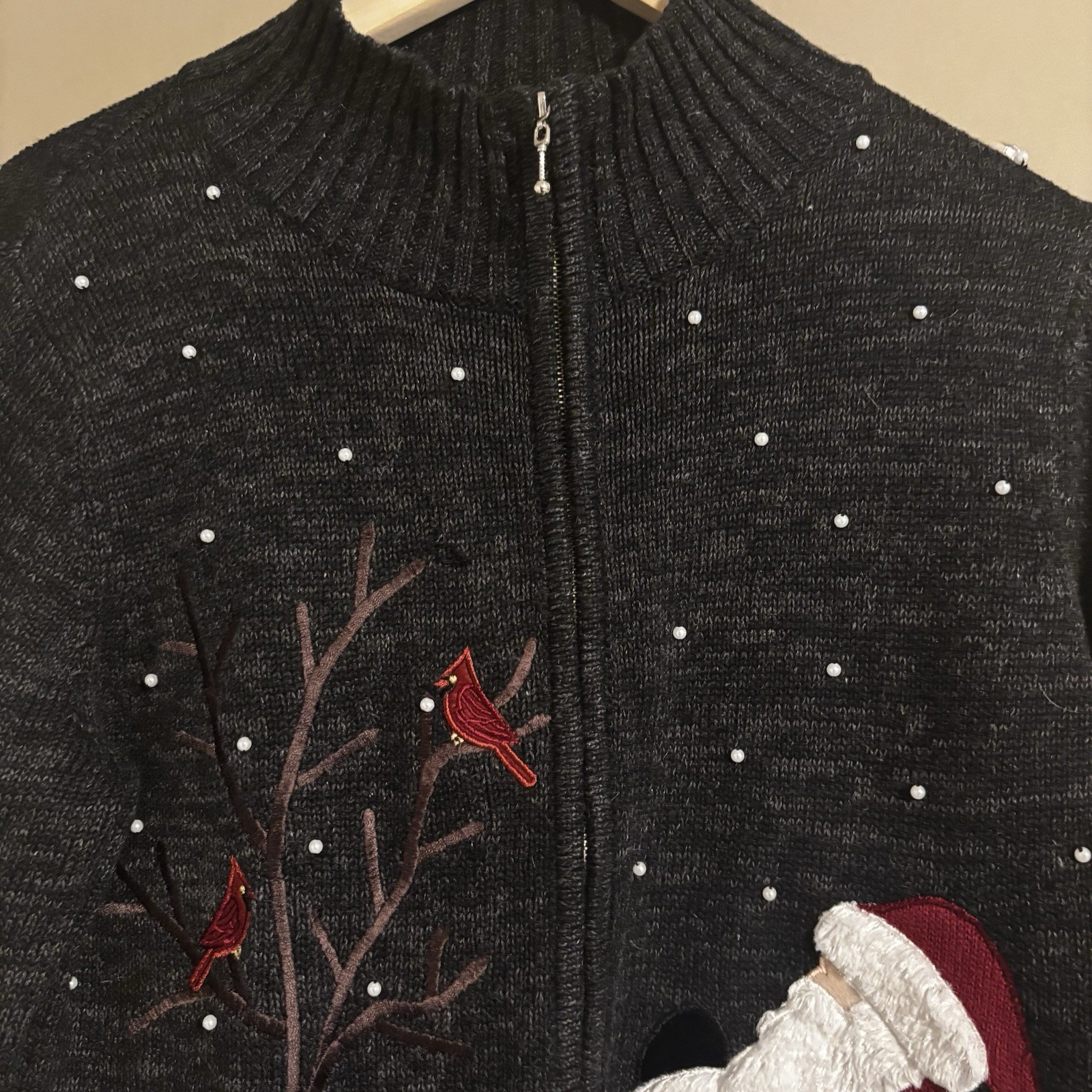 VINTAGE Mandal Bay Festive Charcoal Santa Women’s Zip Up Cardigan Size Medium