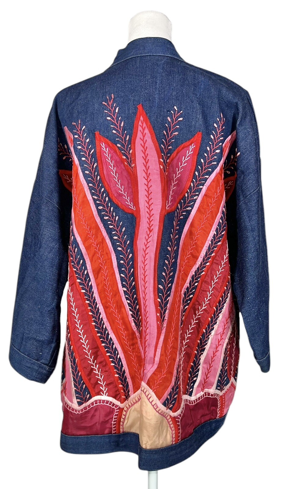 Vtg Judith Roberts La Coleccion Fiber Art Denim Kimono Coat Satin Snake Plants L