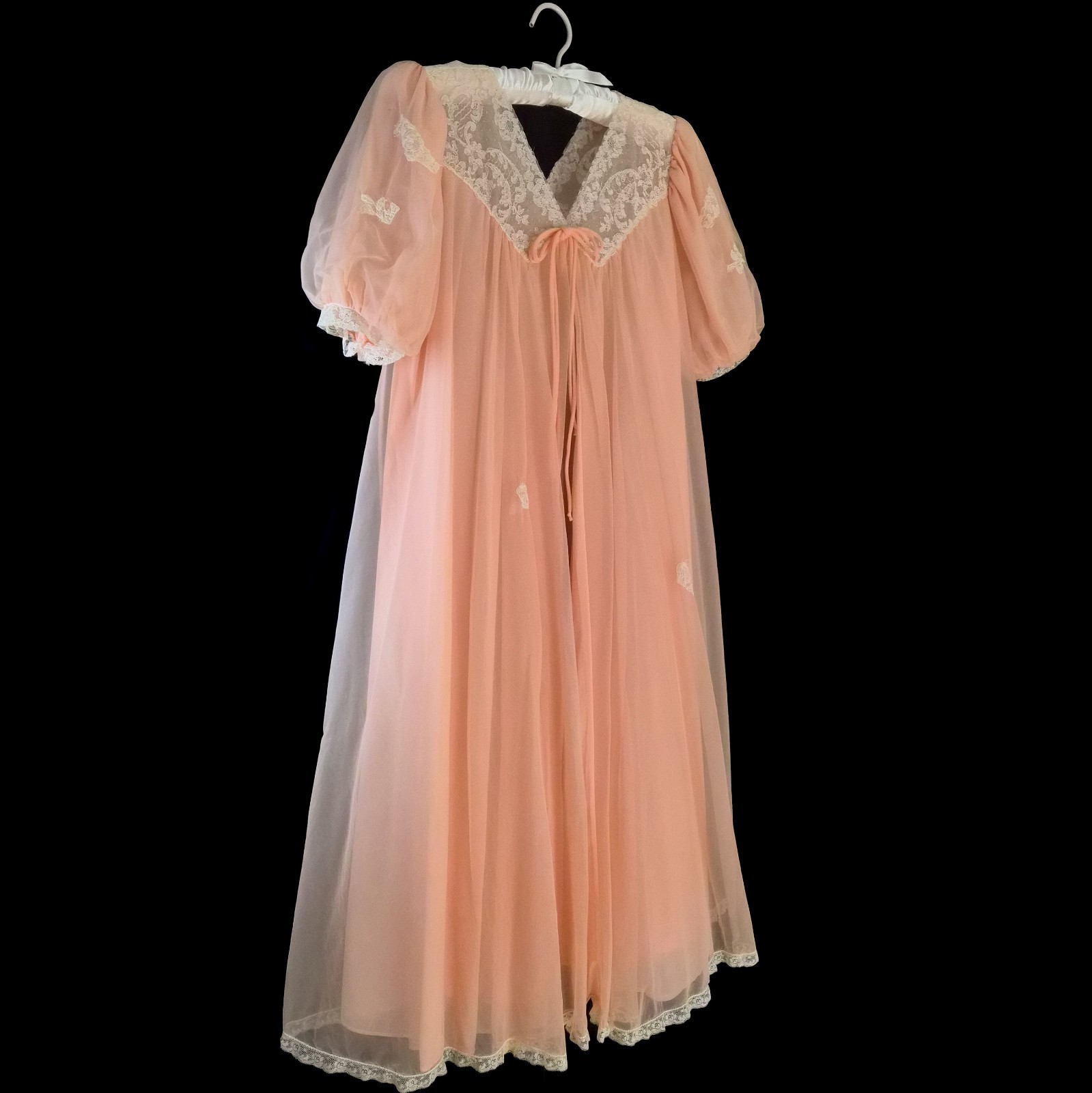 Vintage 60s SAKS FIFTH AVE Peachy PINK Sheer CHIFFON Robe NYLON Babydoll ~ M/L