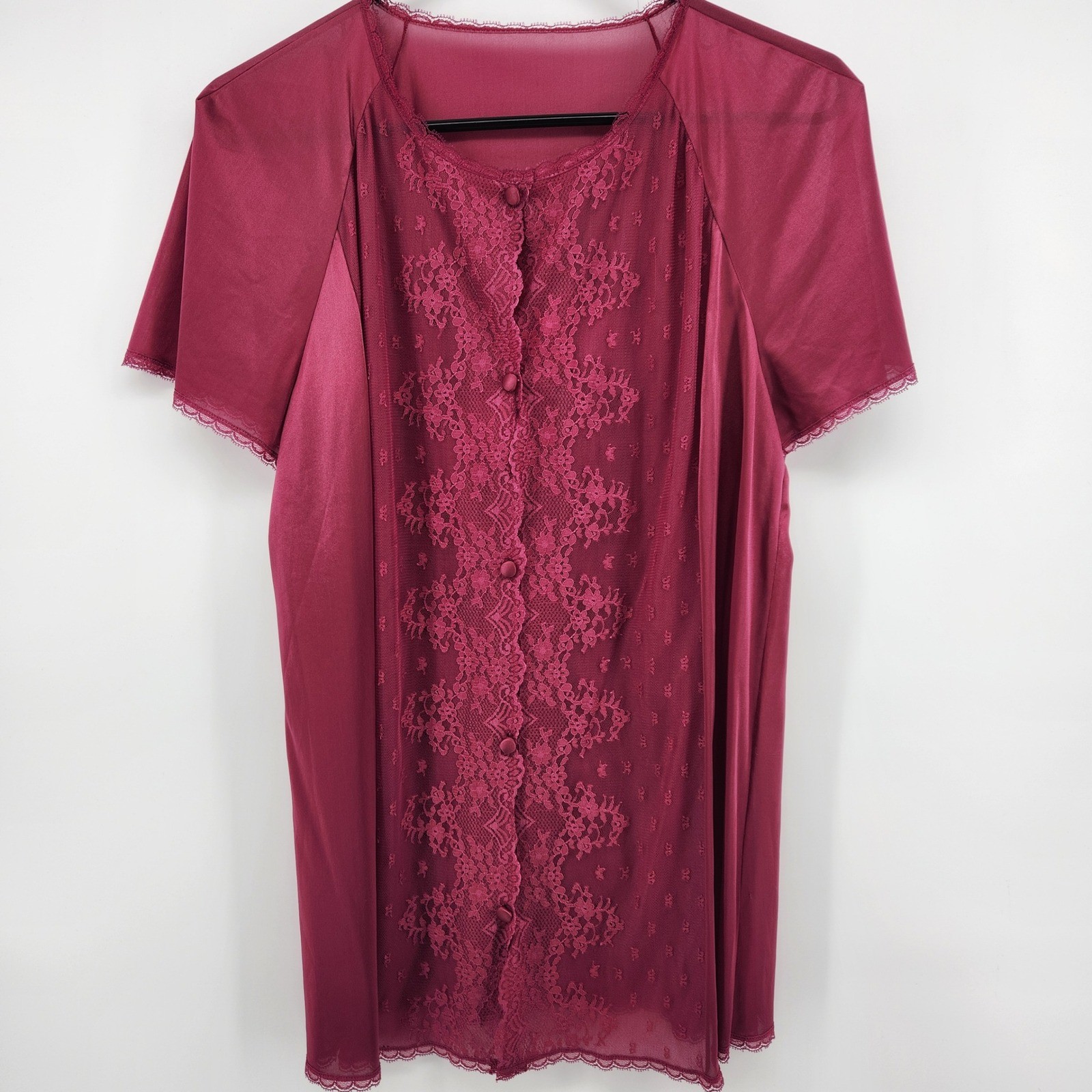 Vintage Vanity Fair Burgundy Lace Antron III Nylon Pajama Set Top Pants Size 34