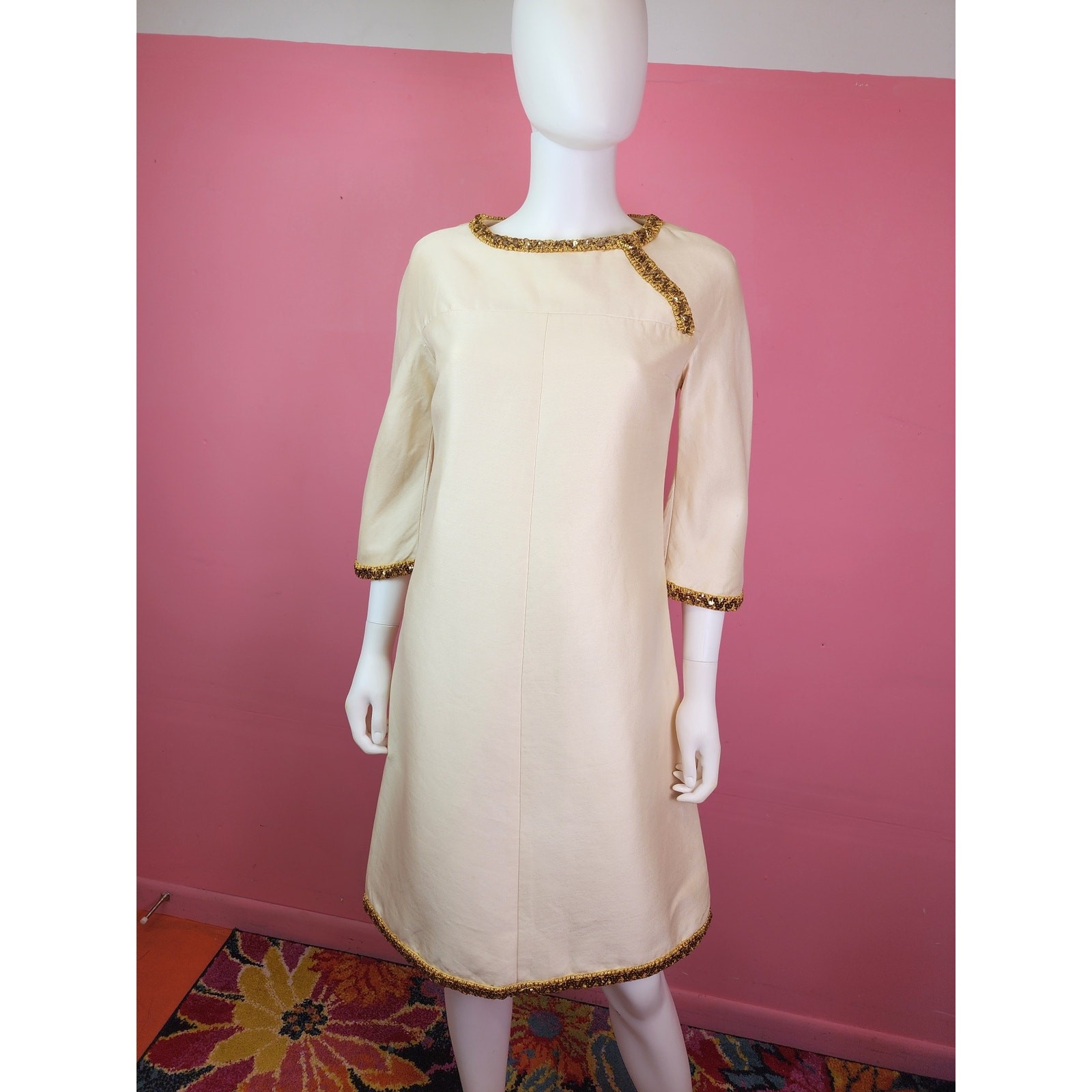 Vintage 1960’s Champagne Cream Gold Cord Trim Rhinestone Shift Dress I. Magnin