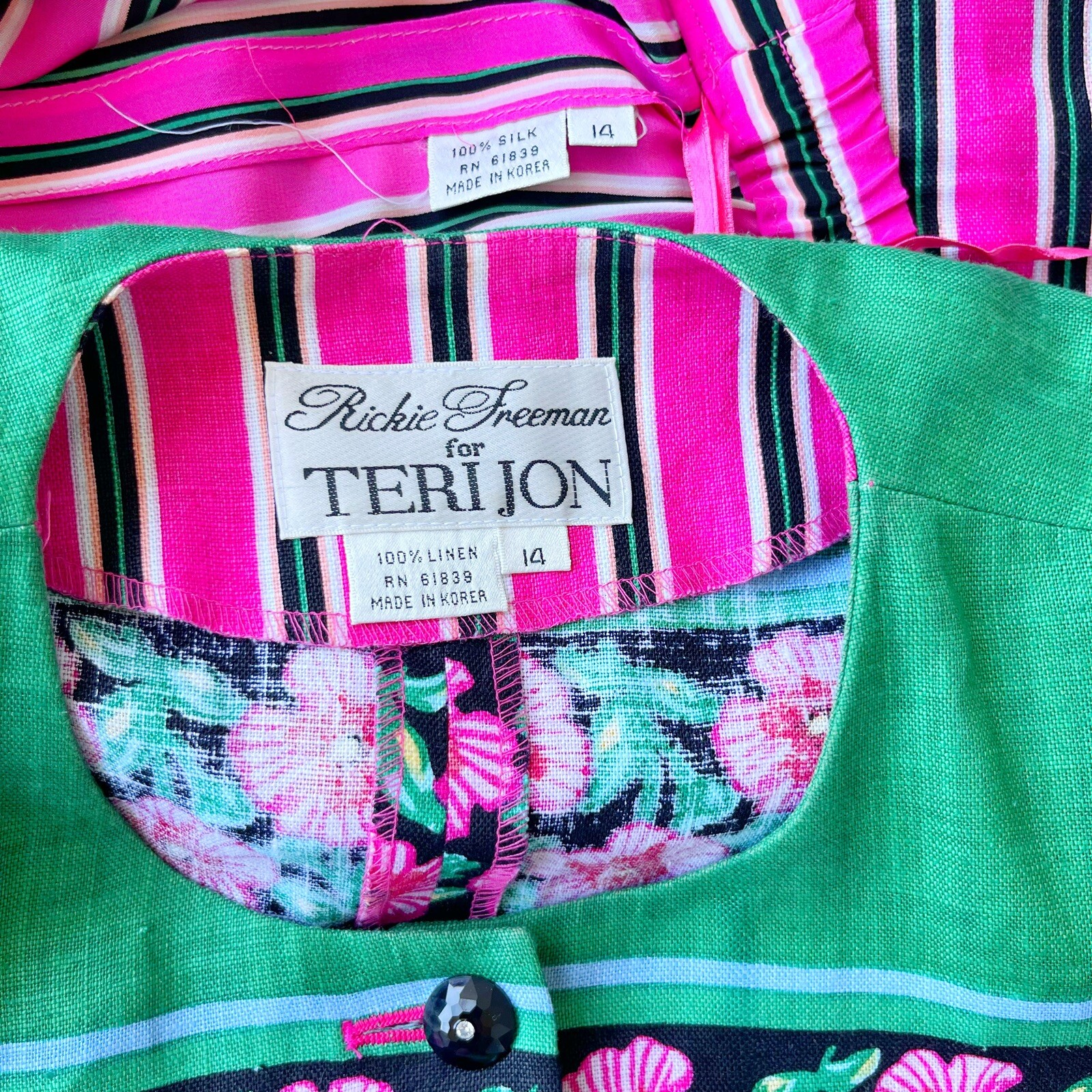Vtg RICKIE FREEMAN For TERI JON 2-piece Floral Silk Linen Suits Women’s Size 14