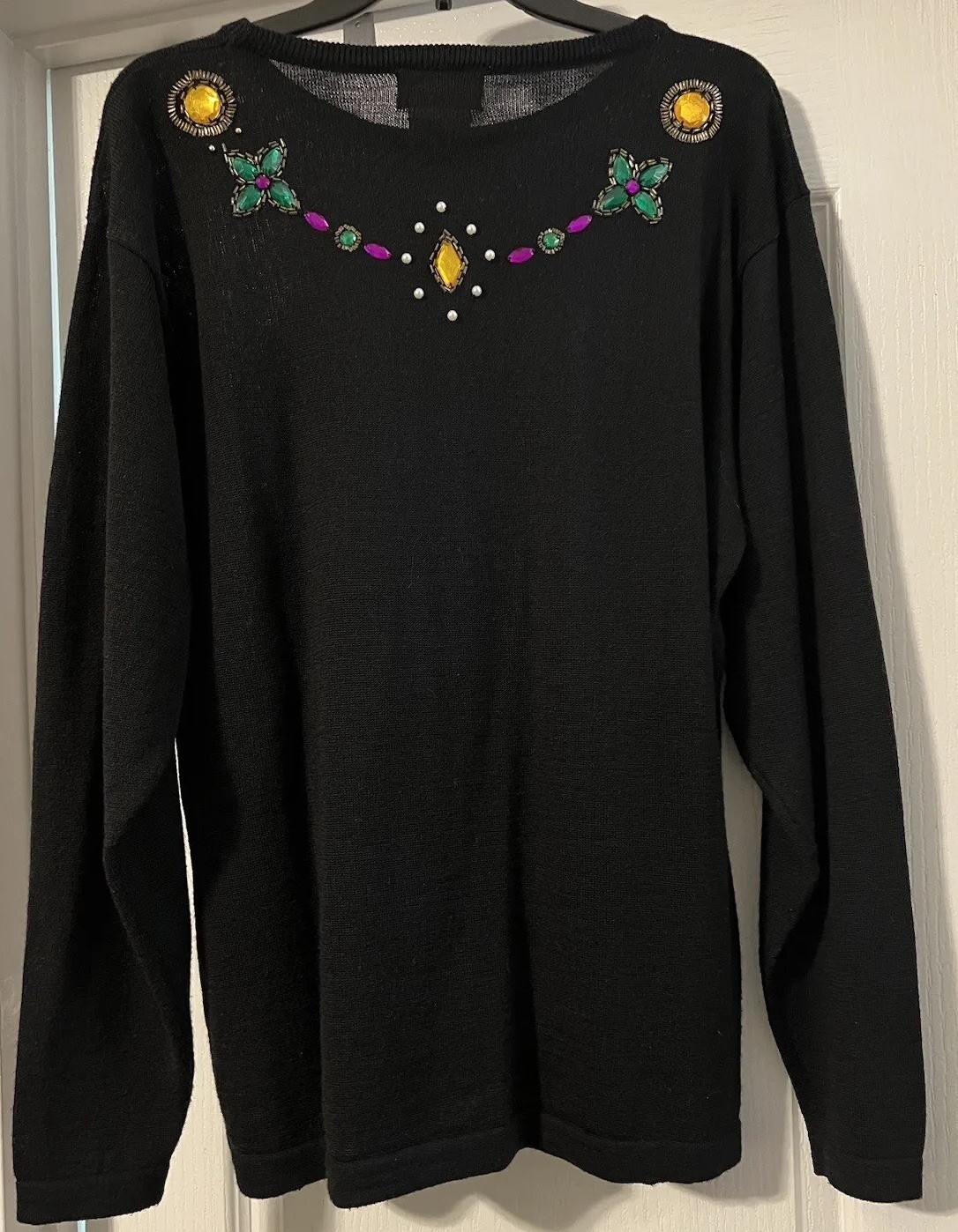 VTG Doncaster Sweater Women LG Black Bedazzled Neckline Wool Blend Castlecore
