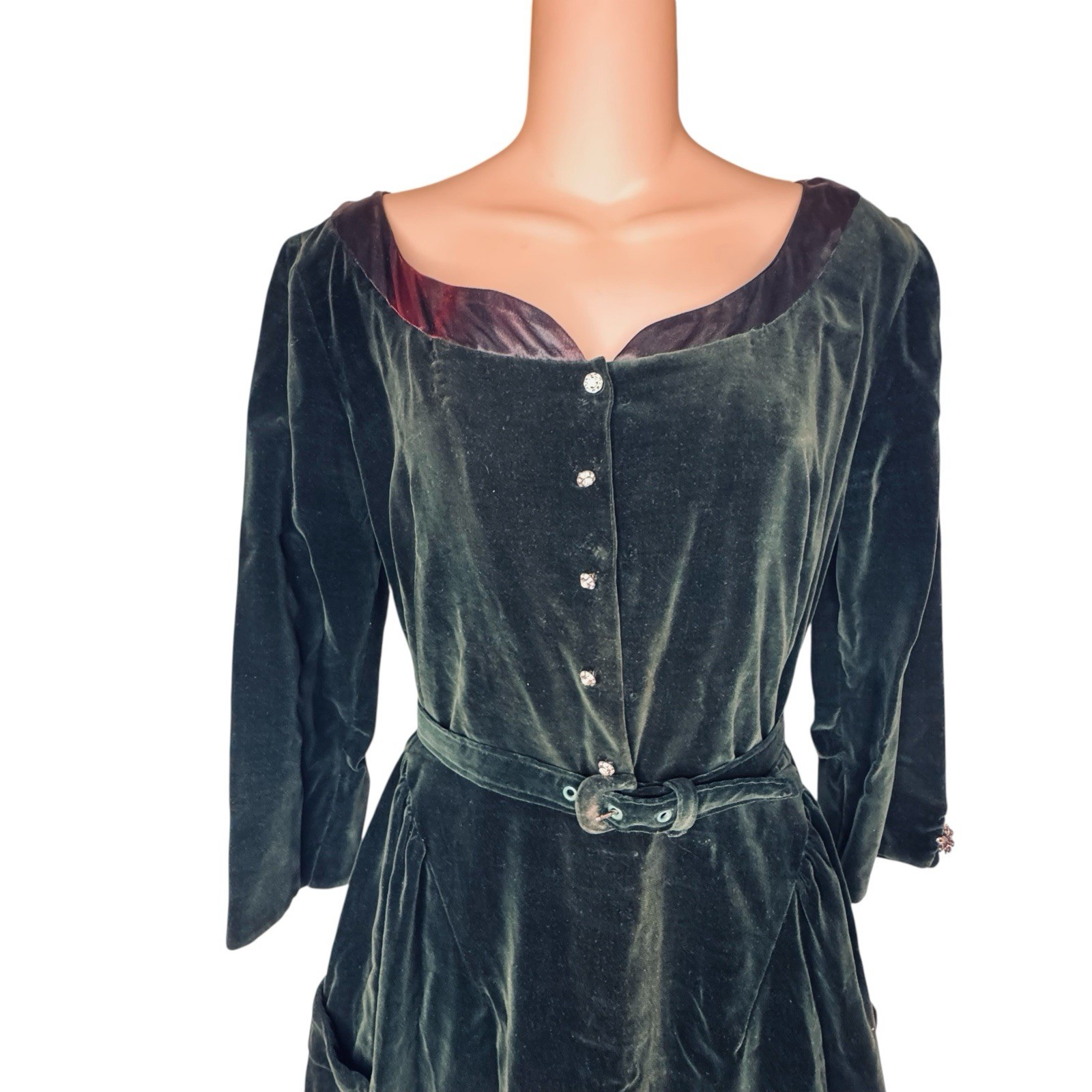 Vintage 40s WWII era Green Velvet Satin Trimmed Evening Dress Ruched size S