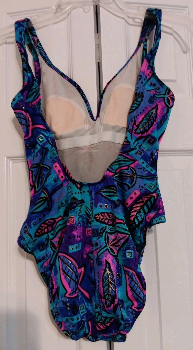 Vtg Jantzen One-Piece Swimsuit, Size 8, Colorful 80s Design, USA, Teal, Purple