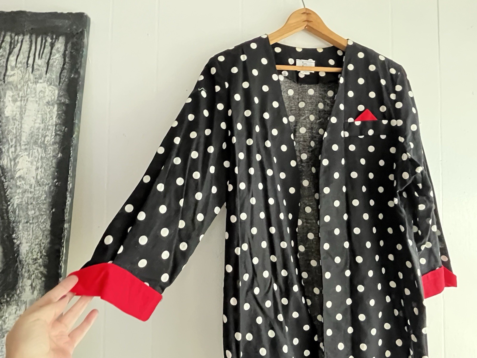 In Cinq Womens 80s Blazer Jacket Open Lightweight Black Polka Dot 46” Bust Max