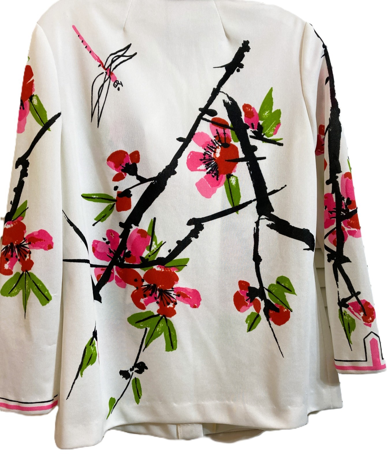 1970s VERA Neumann Cherry Blossom & Dragonfly Print Top Pink White Green Red 16