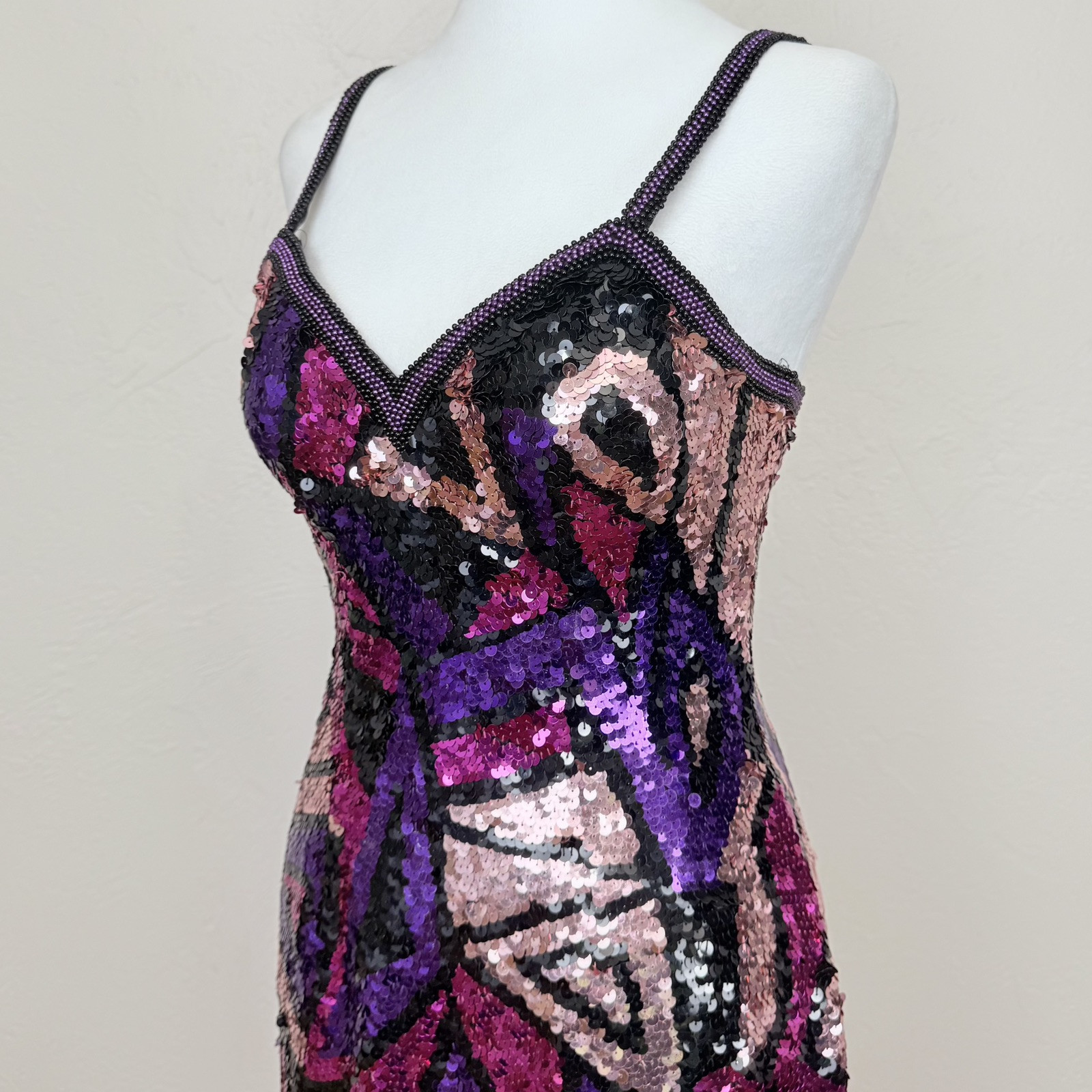 Vintage 1980s Silk Multicolor Fully Sequined & Beaded Dress by Susan Rose Size 8