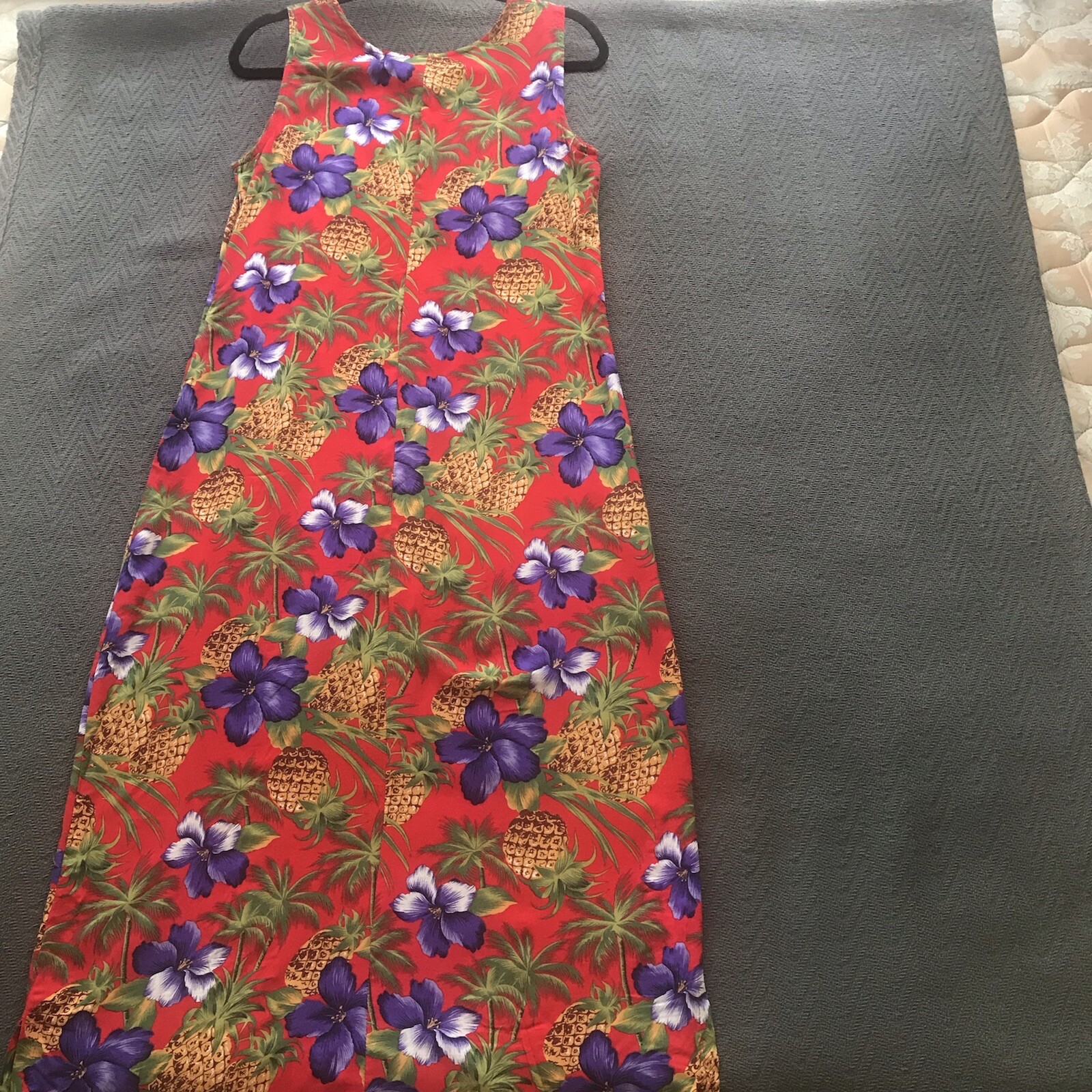 Vintage Dressing Clio Hawaiian Luau Maxi Dress Red Purple Hibiscus Pineapple S