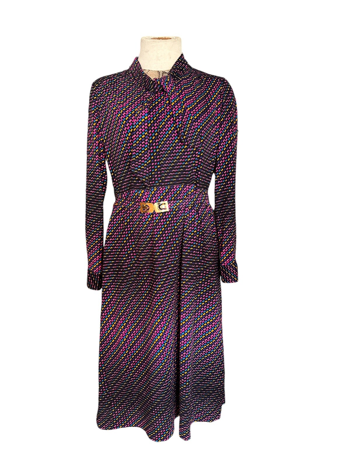 Vintage Dress 1970s Multicolor Belted Ziper Long Sleevs Gorgeous Bow