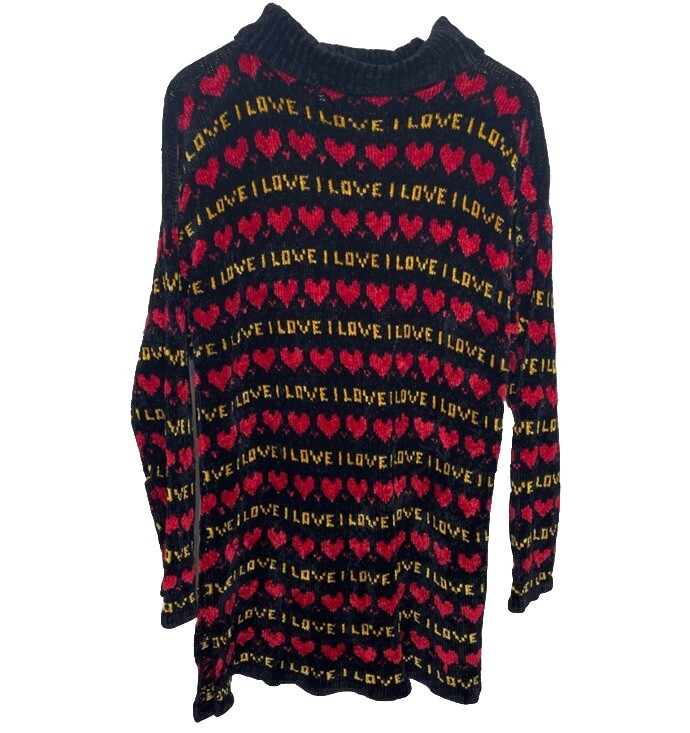 Vintage Donna Livingston Mock Neck Chenille Sweater Size L “I Love” Valentines